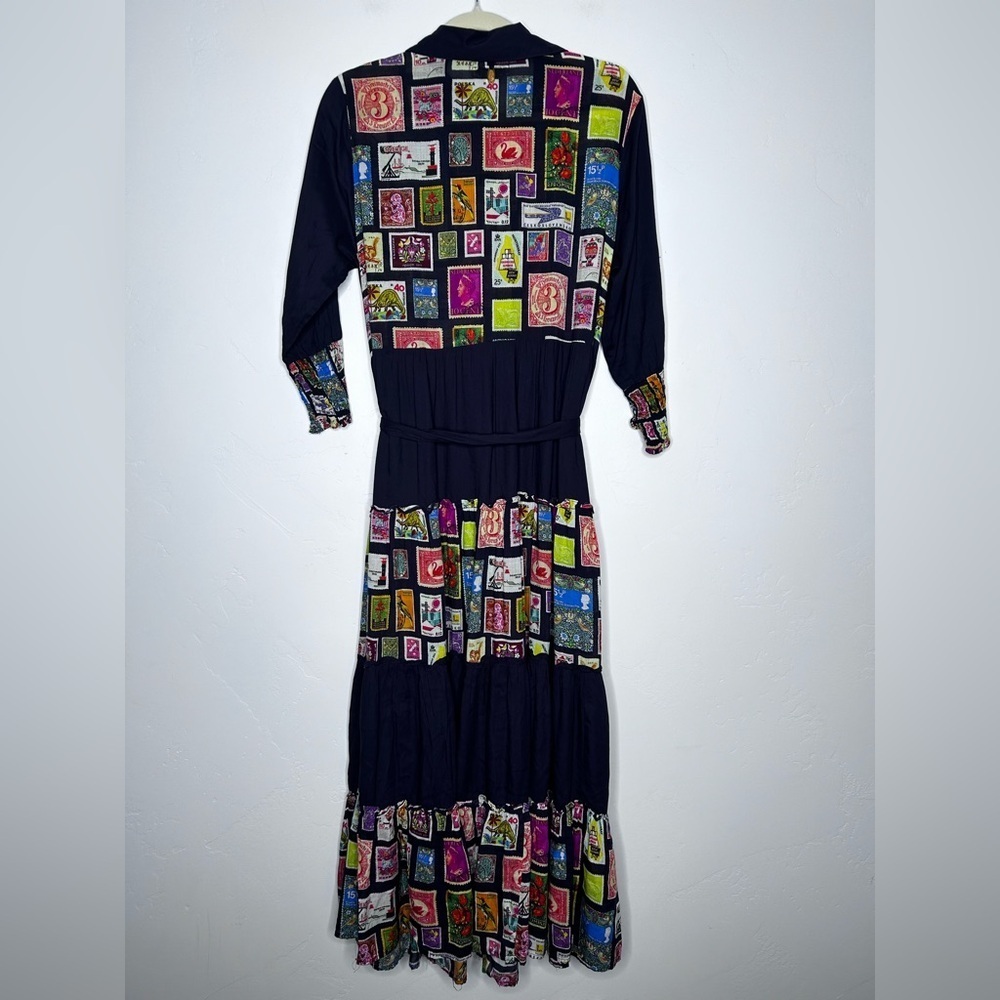 RubyYaya Tiered Postage Stamp Maxi Dress 3/4 Sleeves Button Front Belted Small - Picture 2 of 15
